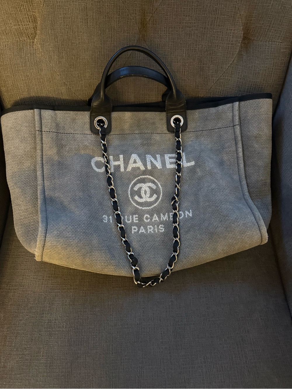 CHANEL • Deauville medium tote bag purse blue gray canvas leather
